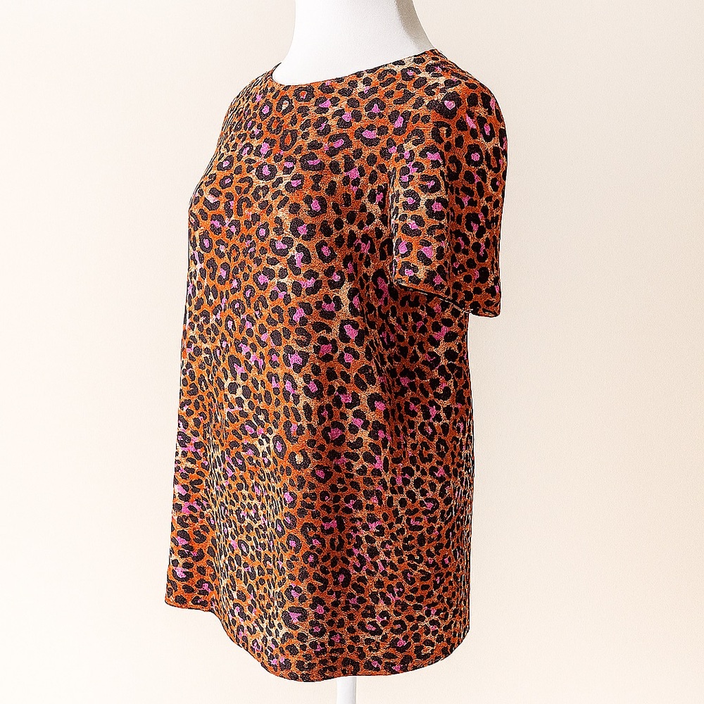 XOXO Sleepwear Leopard Print Sleep Shirt L Short Sleeve Pink Brown Stretch - Picture 2 of 5